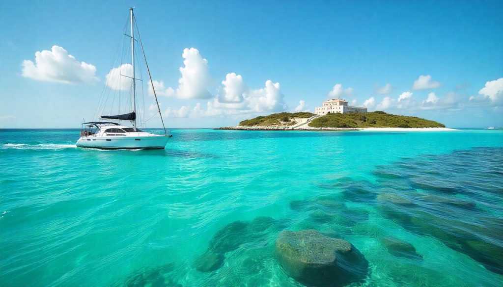 Sailing Gulf of Mexico depicted through a yacht exploring the pristine waters and coral reefs of Dry Tortugas National Park.